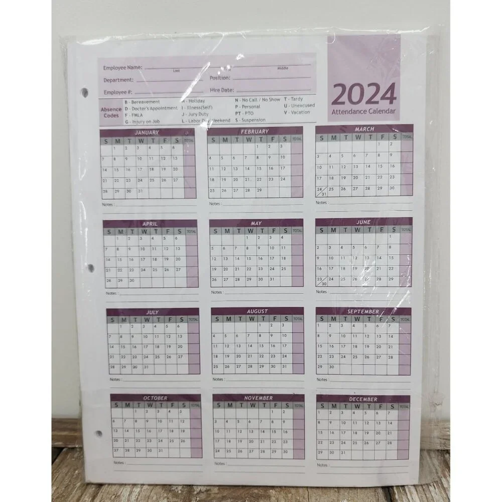 Attendance Calendar Employee Card Record Tracker 2024 Pack of 25 Sheets 8.5 x 11